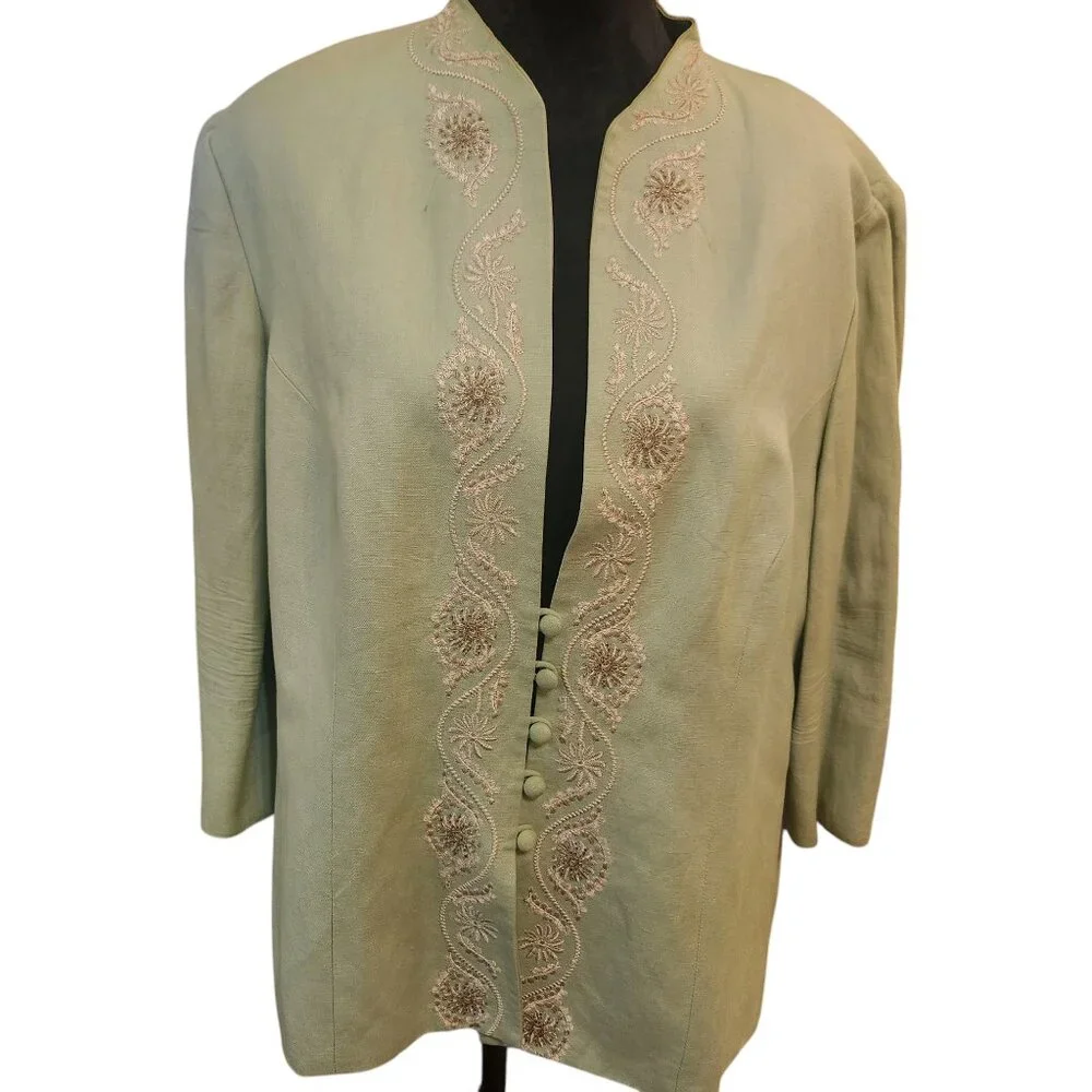 Beautiful Lime Green Jessica Howard Woman Embroidered Linen Blend Jacket Size 16 - Picture 8 of 14